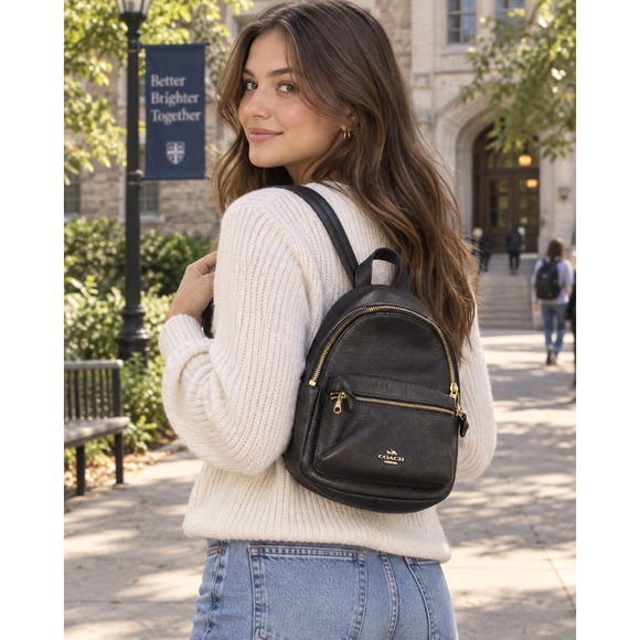 Coach Handbags - Coach Mini Charlie Backpack Black Pebbled Leather Bag Gold Hardware F38263